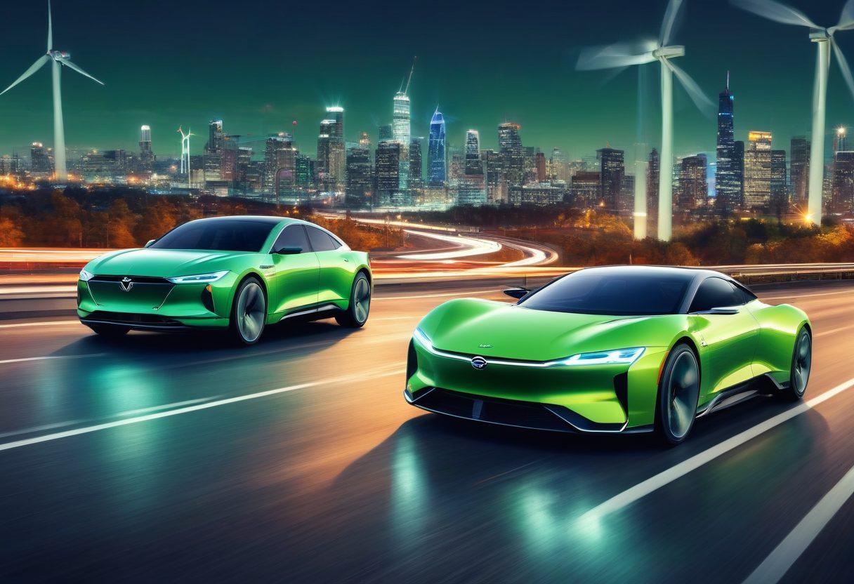 A dynamic collage showcasing a classic car and a sleek electric vehicle side by side on a winding road, symbolizing the transition in automotive trends. The background features a modern cityscape with green technology elements, like solar panels and wind turbines, merging with nostalgic elements from the past. Light trails from the cars illustrate speed and innovation, highlighting the evolution of vehicles. vibrant colors. super-realistic.