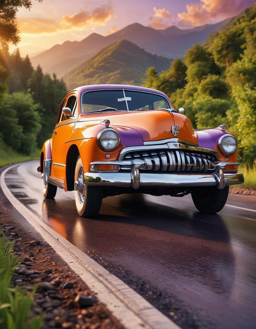 A dynamic scene of a vintage car being revved up on a winding road surrounded by lush greenery and mountains, with a blurred background to convey speed. Include a close-up of the engine with gleaming chrome, and tire tracks on the asphalt. A sunset sky in vibrant shades of orange and purple adds to the excitement. super-realistic. vibrant colors. cinematic atmosphere.