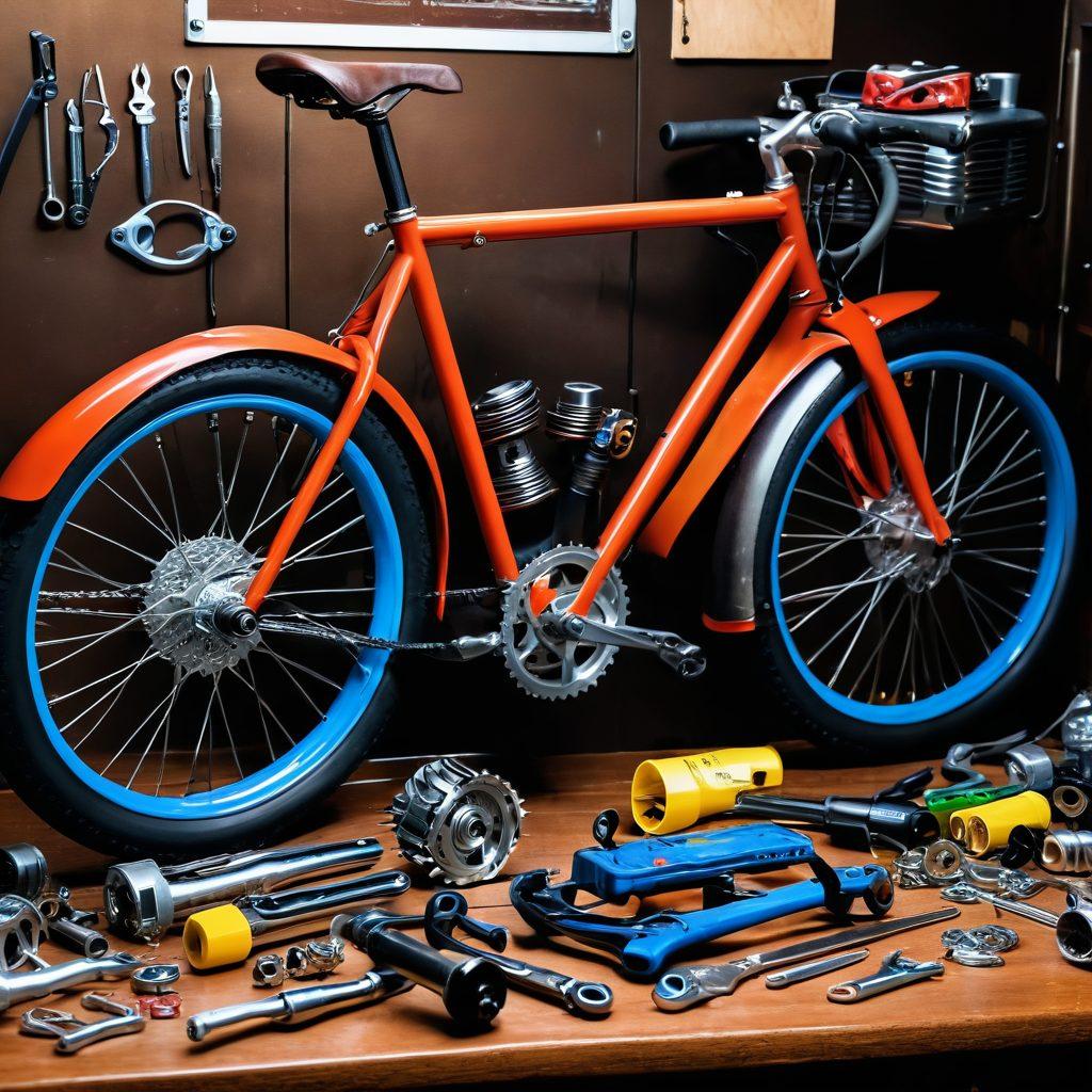 A close-up shot of a well-maintained bicycle with bright gears and shiny spokes, surrounded by essential tools like a wrench and a screwdriver. The backdrop features a workshop cluttered with bike parts and oil cans, radiating a sense of hobbyist passion and practical advice. The overall atmosphere should feel inviting and energetic, illustrating the theme of maintenance and modifications. super-realistic. vibrant colors. warm lighting.